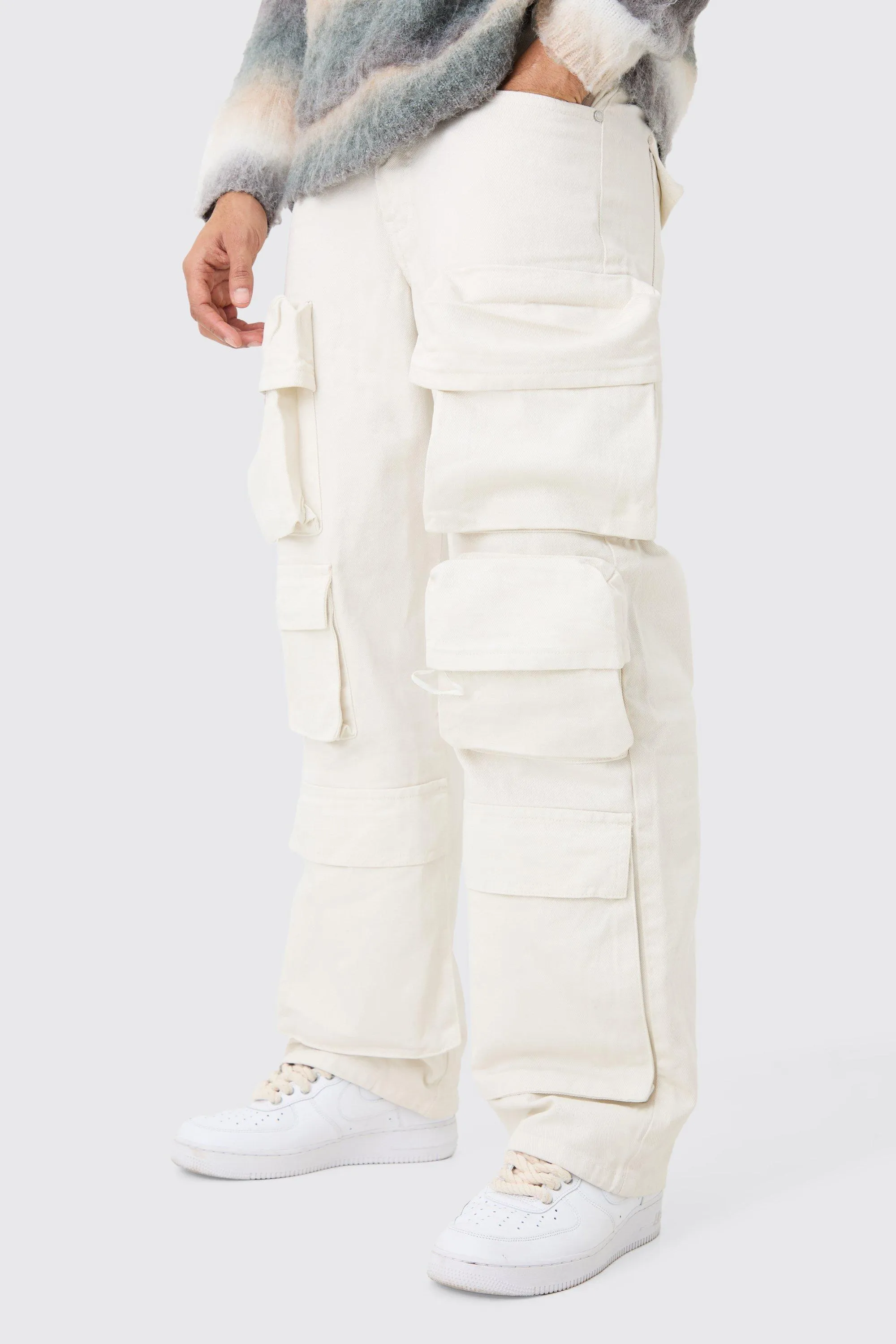 Baggy Rigid 3D Cargo Pocket Overdyed Jeans In Ecru | boohooMAN UK