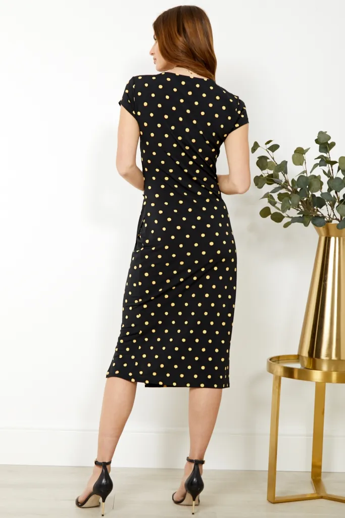 Black & Yellow Spot Wrap Front Jersey Dress