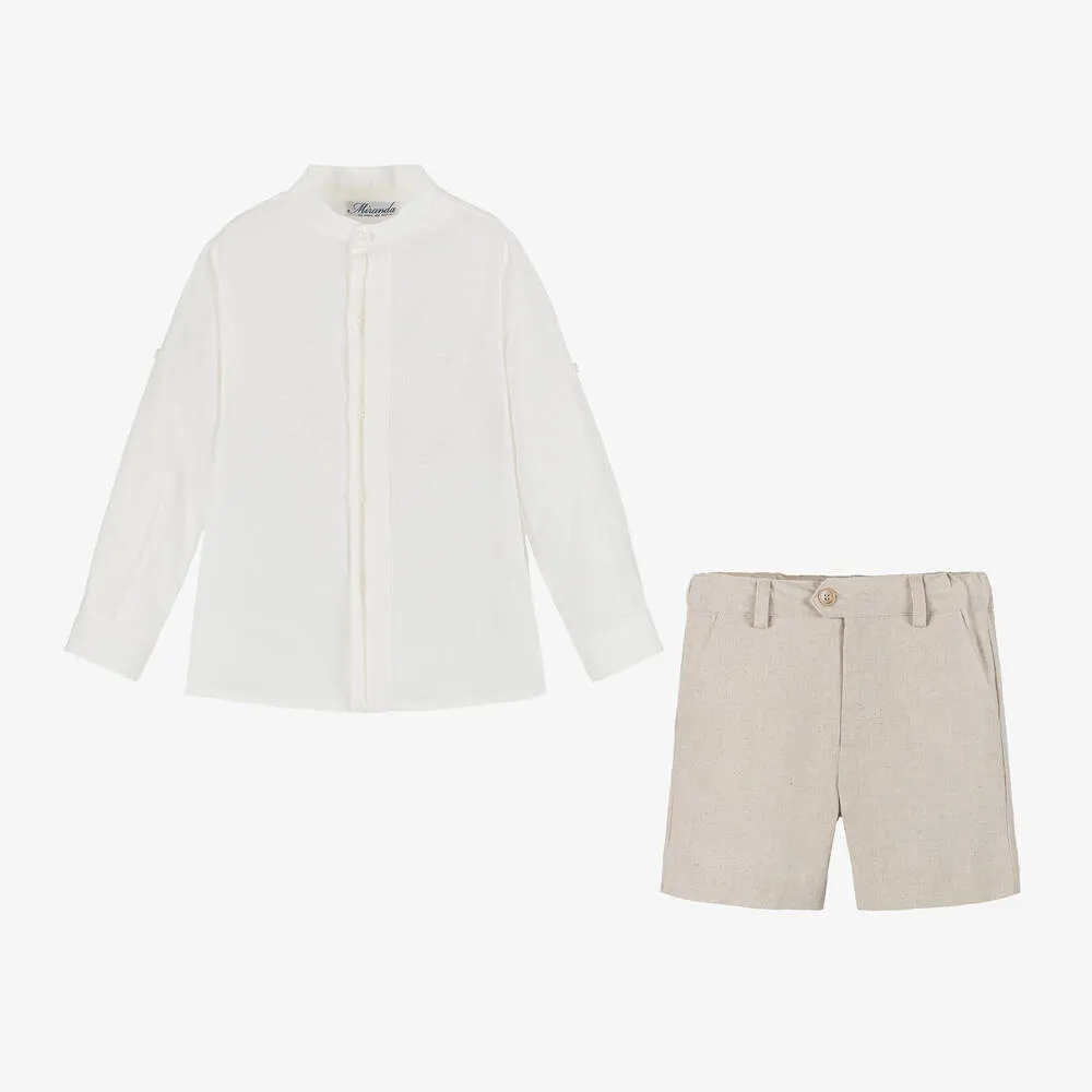 Boys Beige Linen & Viscose Shorts Set