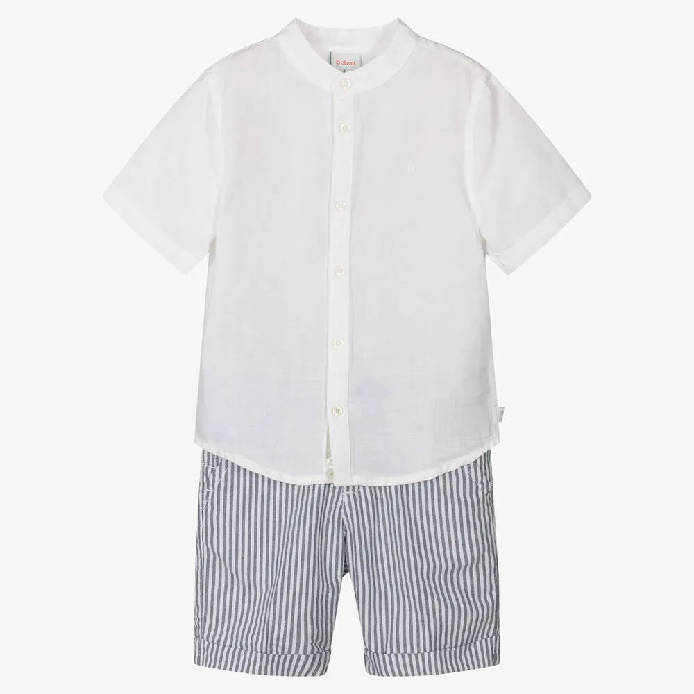 Boys Grey Striped Cotton Shorts Set