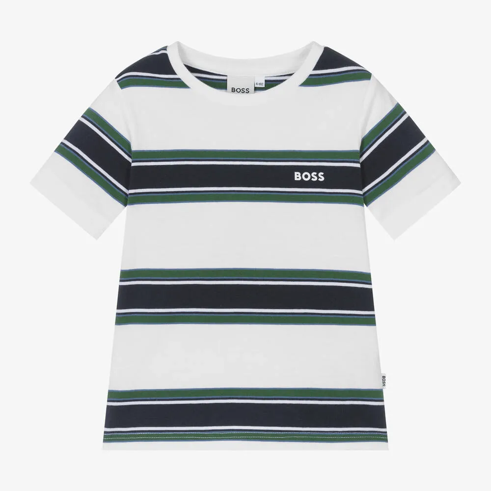 Boys White Cotton Striped T-Shirt
