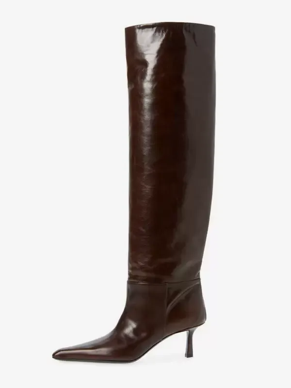 Brown Slouch Knee High Boots Pointed Toe Mid Heel Boots