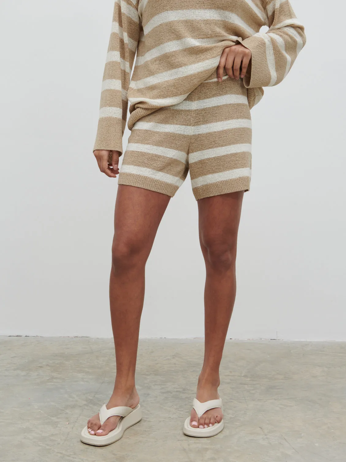 Dakota Stripe Knit Shorts - Oatmeal and Cream