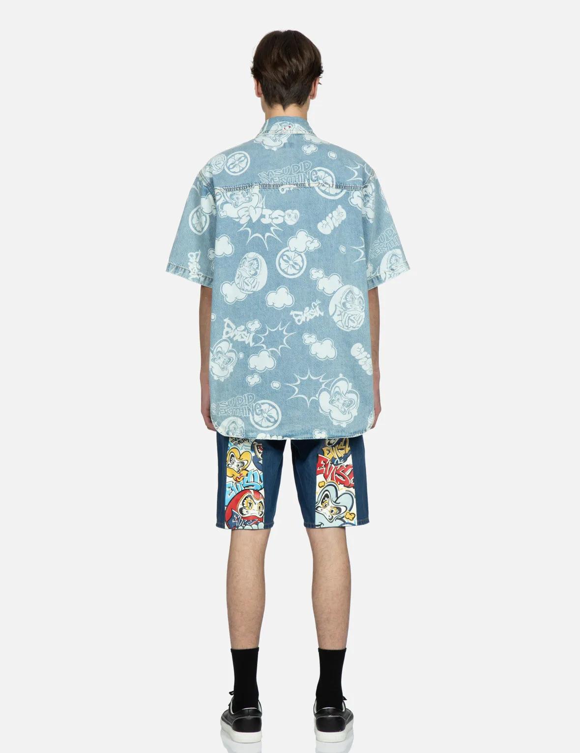 Graffiti Daruma Daicock Print Denim Shorts
