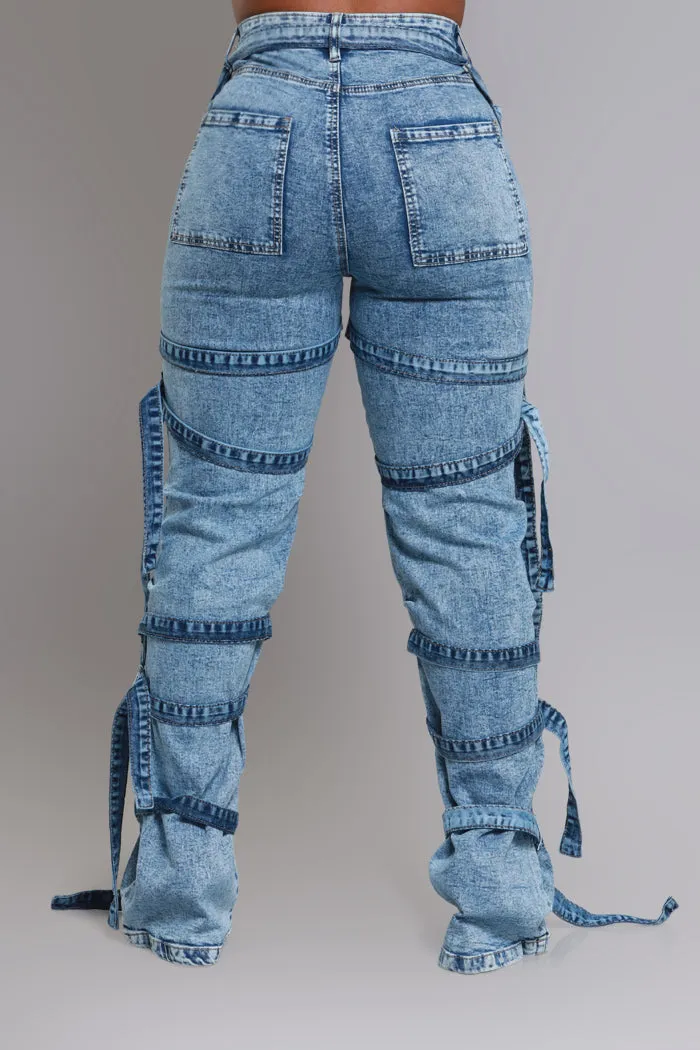 Hands Tied High Rise String Detailed Jeans - Medium Mineral Wash
