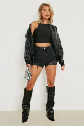 High Waisted Laddered Hem Denim Mom Shorts