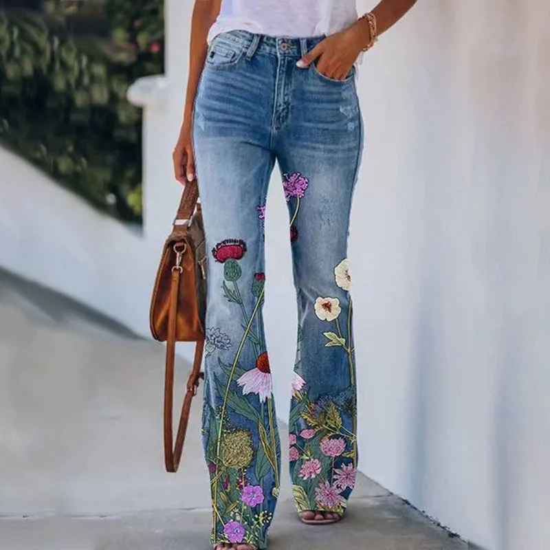 Jeans vasés à 4 Boutons Taille Haute Femmes