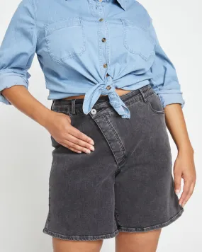 Katie High Rise Crossover Denim Shorts - Washed Black