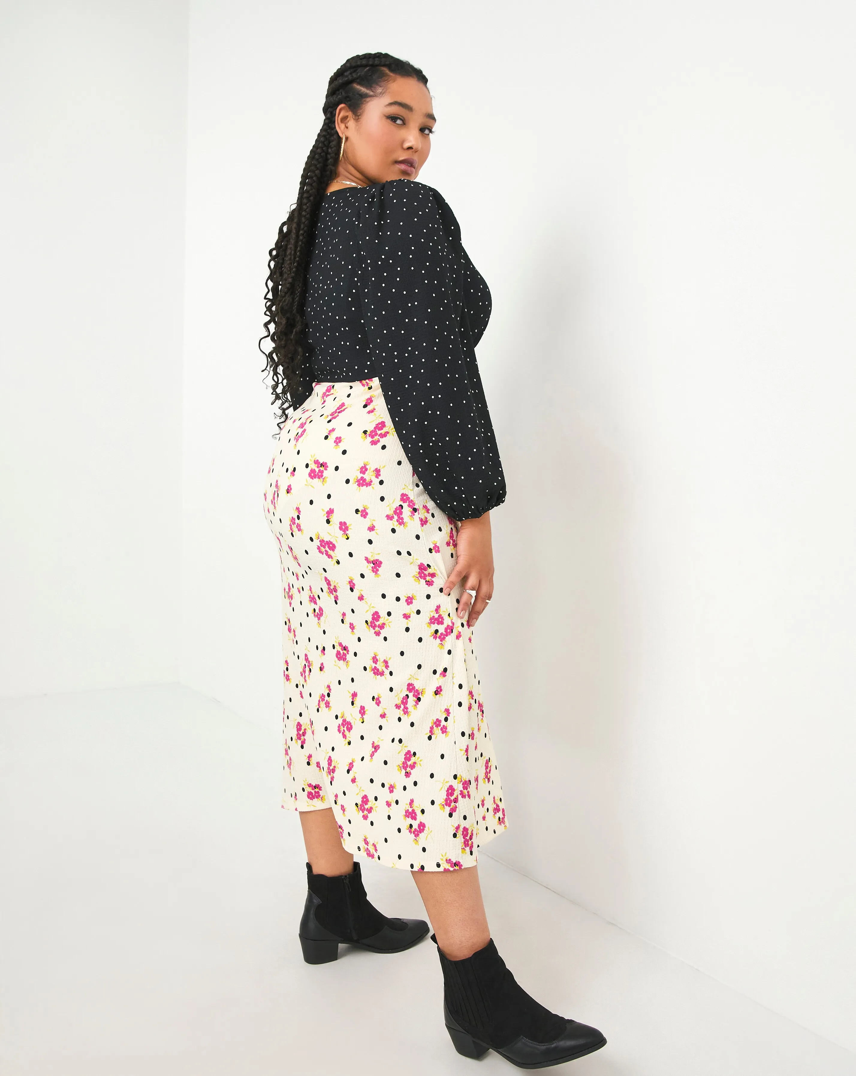 Mixed Print Waffle Jersey Midi Dress | Simply Be