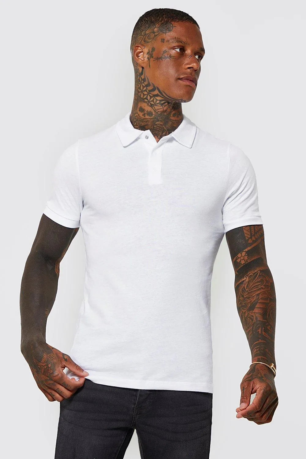 Peached Muscle Fit Jersey Popper Polo Shirt | boohooMAN UK