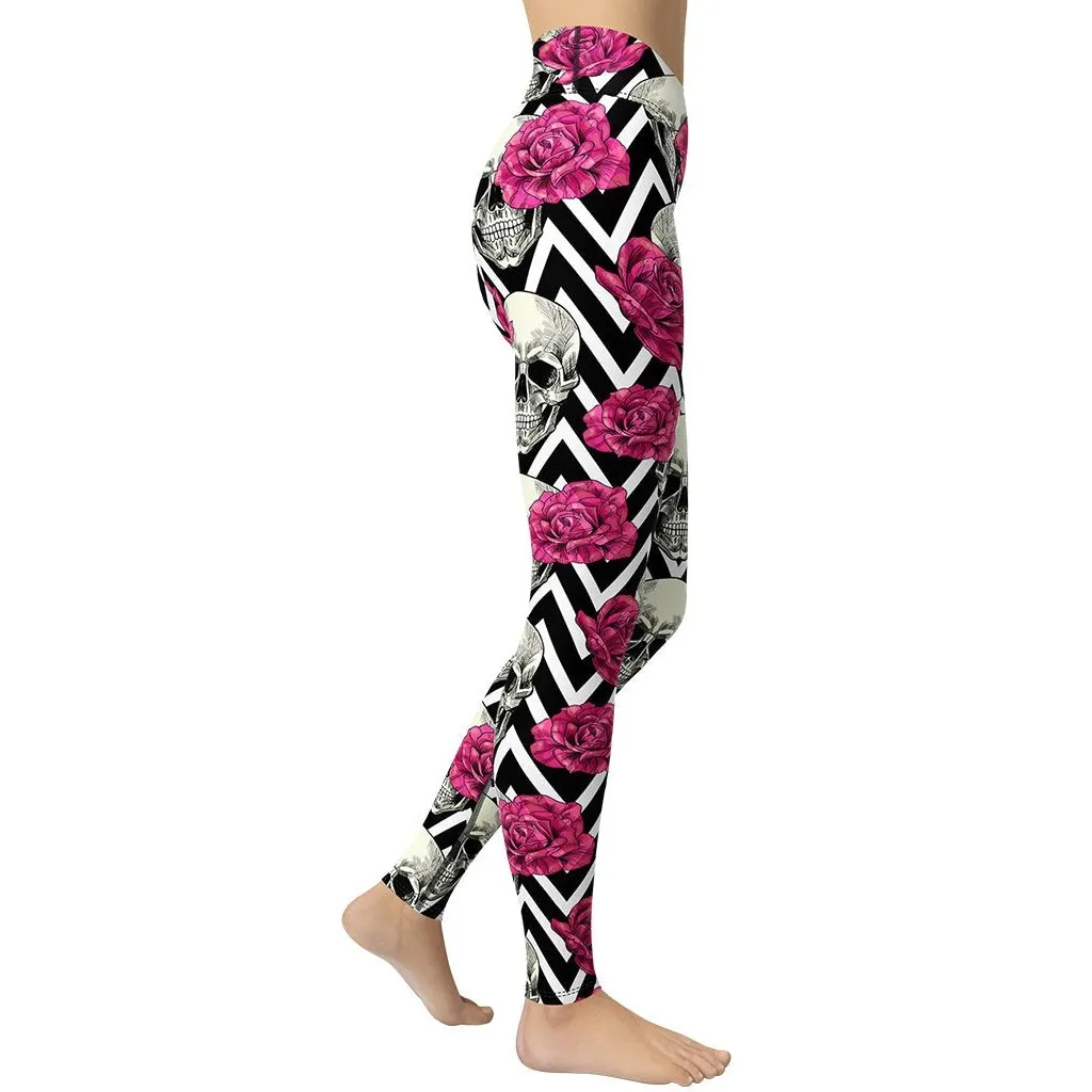 Pink Roses and Skulls Yoga Leggings
