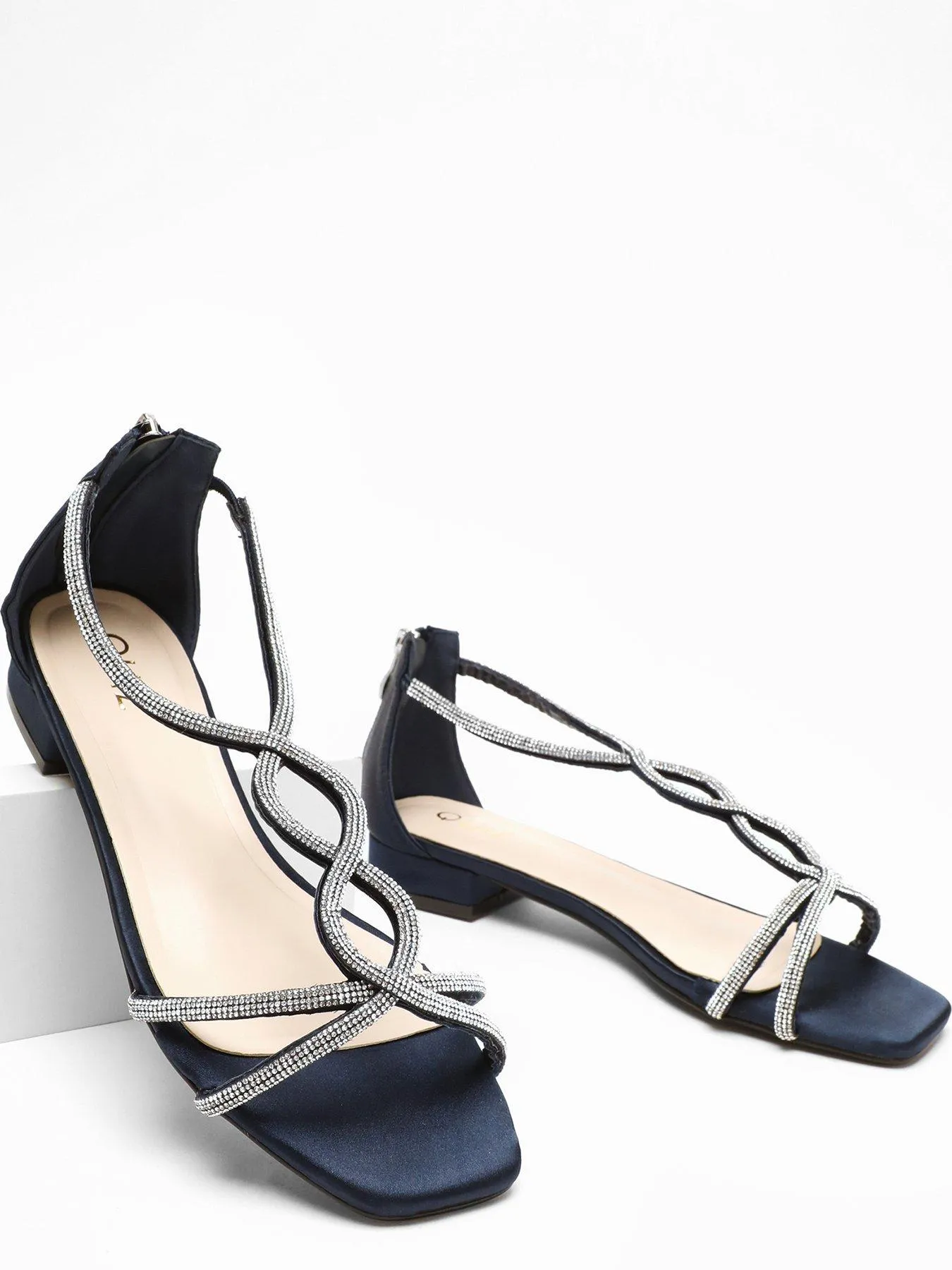 Quiz Navy Satin Diamante T-strap Flat Sandals