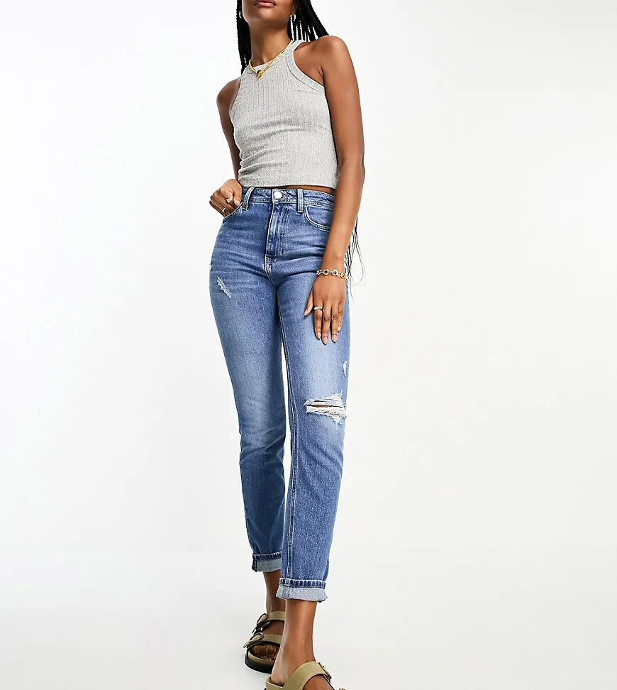 River Island Tall slim mom jeans in mid blue wash