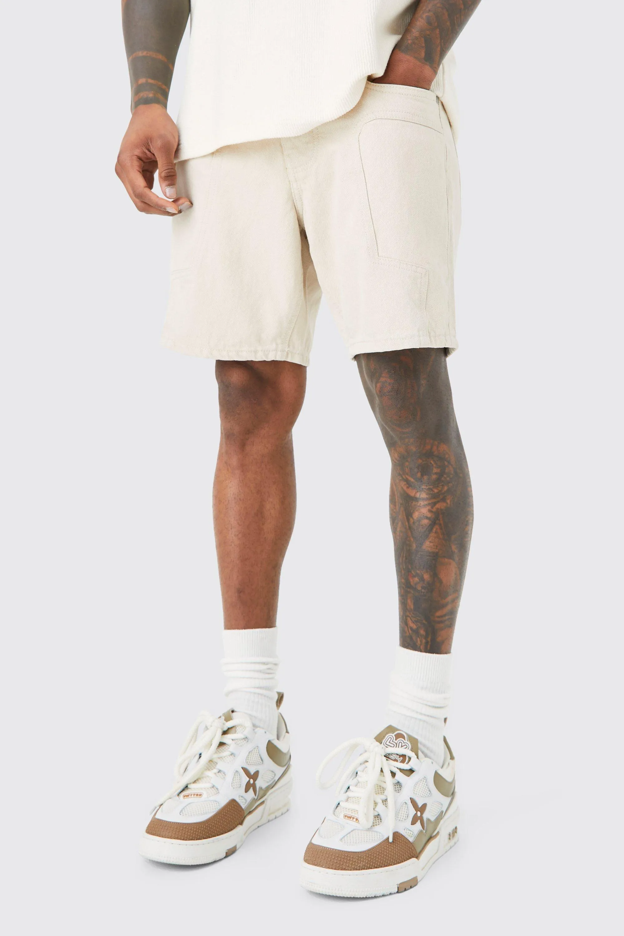 Slim Fit Panelled Denim Shorts | boohooMAN UK