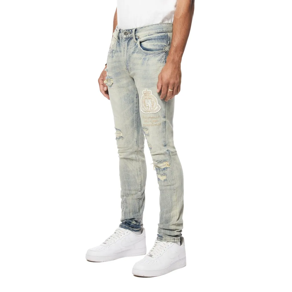 Slim Tapered Preppy Crest Embroidered Jeans - Industrial Blue