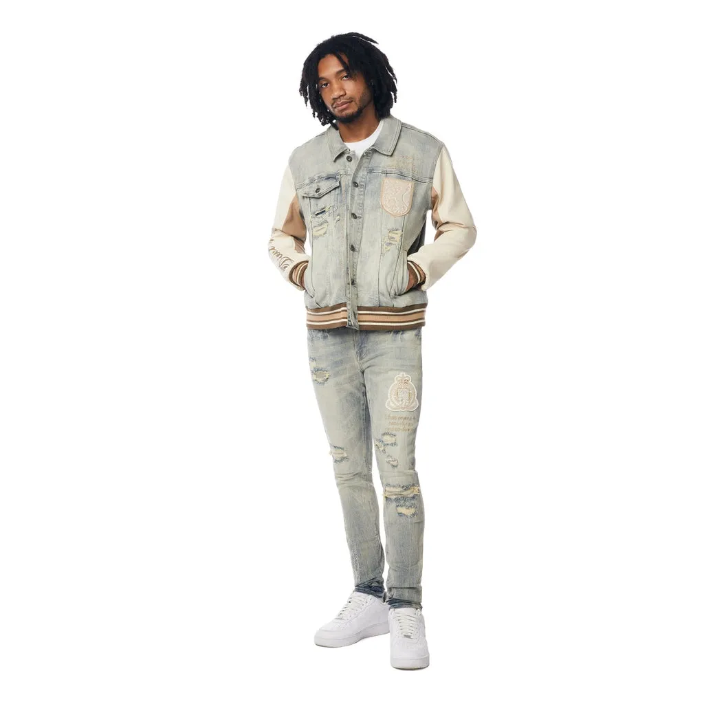 Slim Tapered Preppy Crest Embroidered Jeans - Industrial Blue