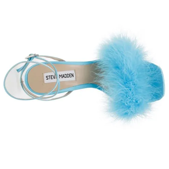 Steve Madden Vixy Blue Satin + Faux Feather Sandals