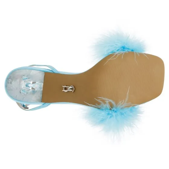 Steve Madden Vixy Blue Satin + Faux Feather Sandals