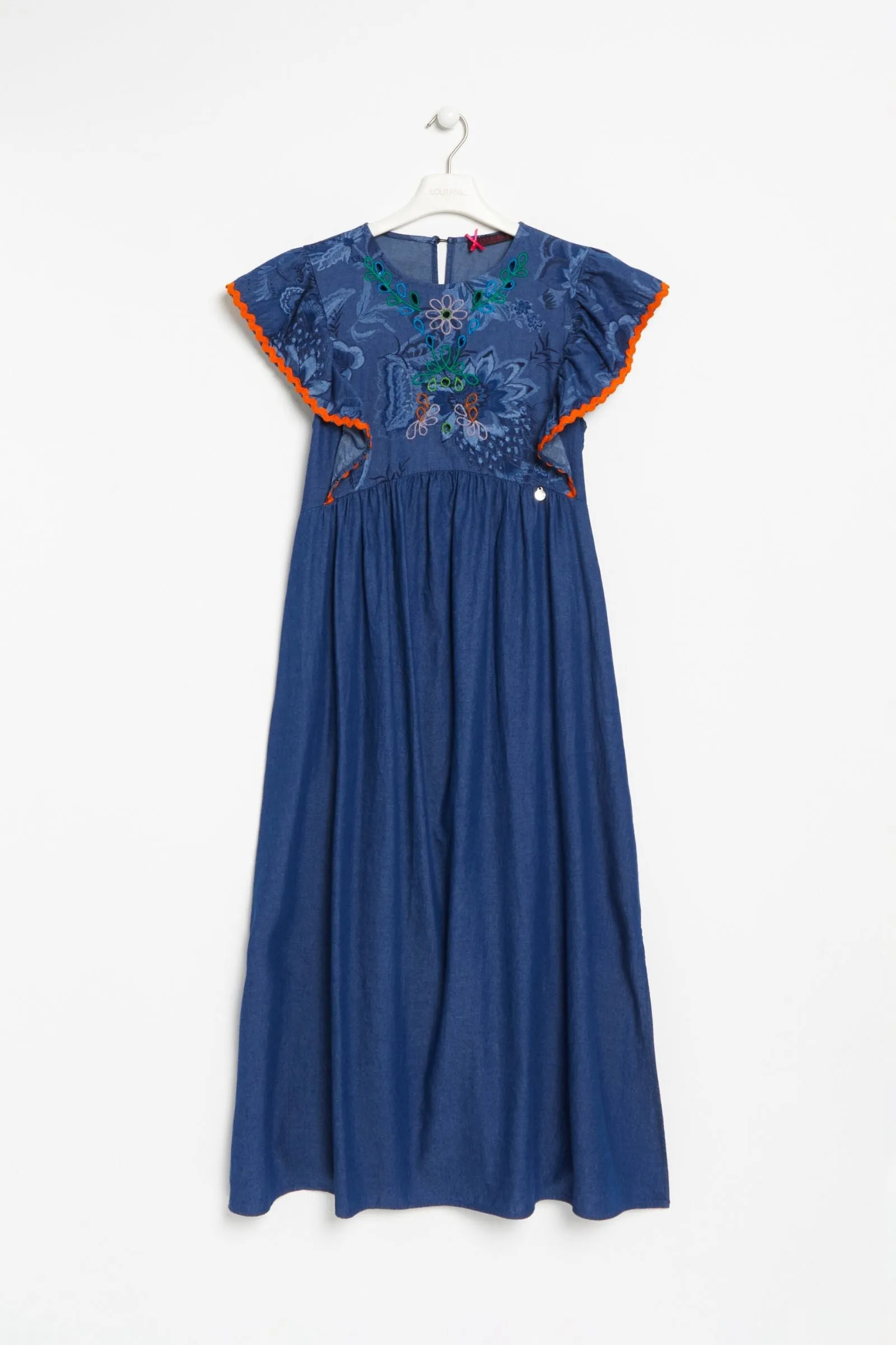 Vestido azul jeans largo con bordado y estampado flores LolitasyL